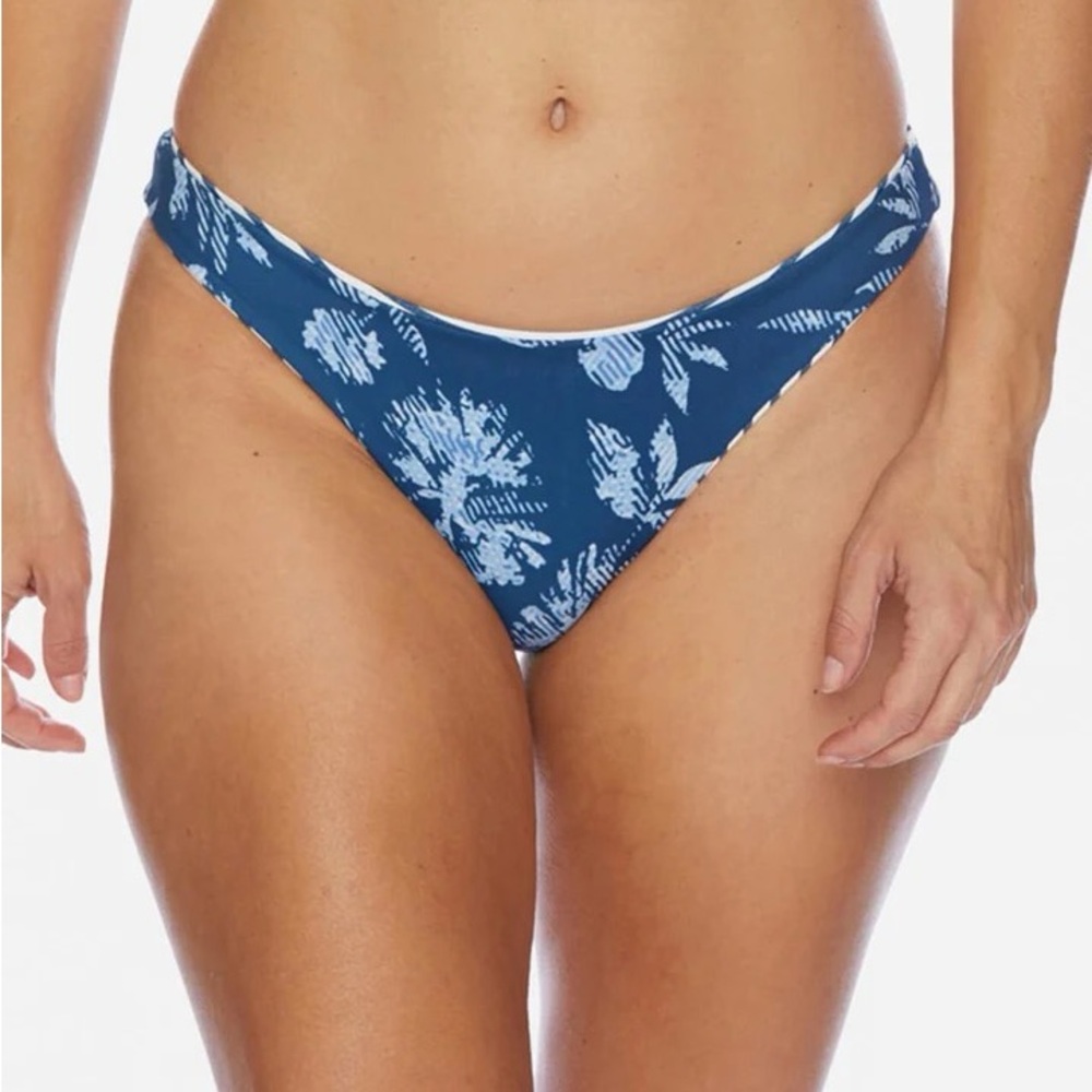 ReversibleSplendid Blue and White Bikini Bottom with Tropical Print